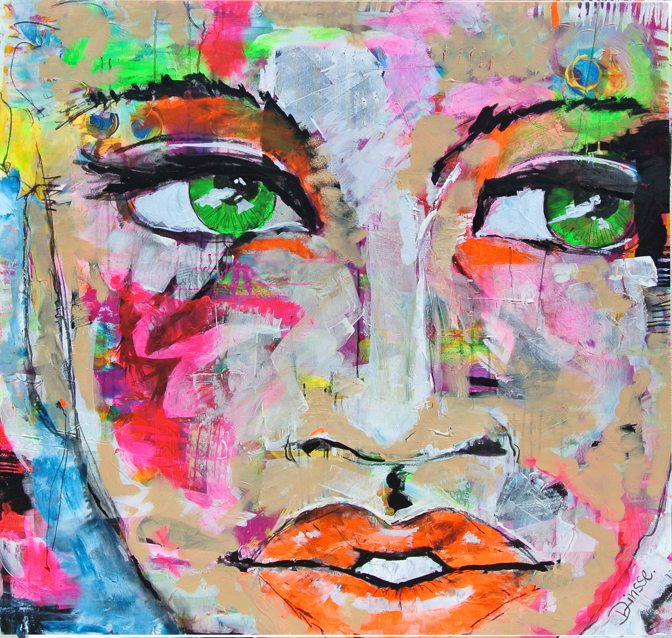 innere Einstellung, attitude, positive energy, acrylic painting, acrylic on canvas, portrait, neon pink, expressive eyes, neon orange, neon green, canvas, woman's face, green eyed lady, diana linsse, modern art, modern expressionism